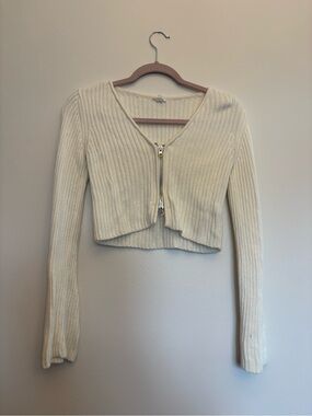 Garage White Ribbed V-Neck Zip Front Cropped Sweater